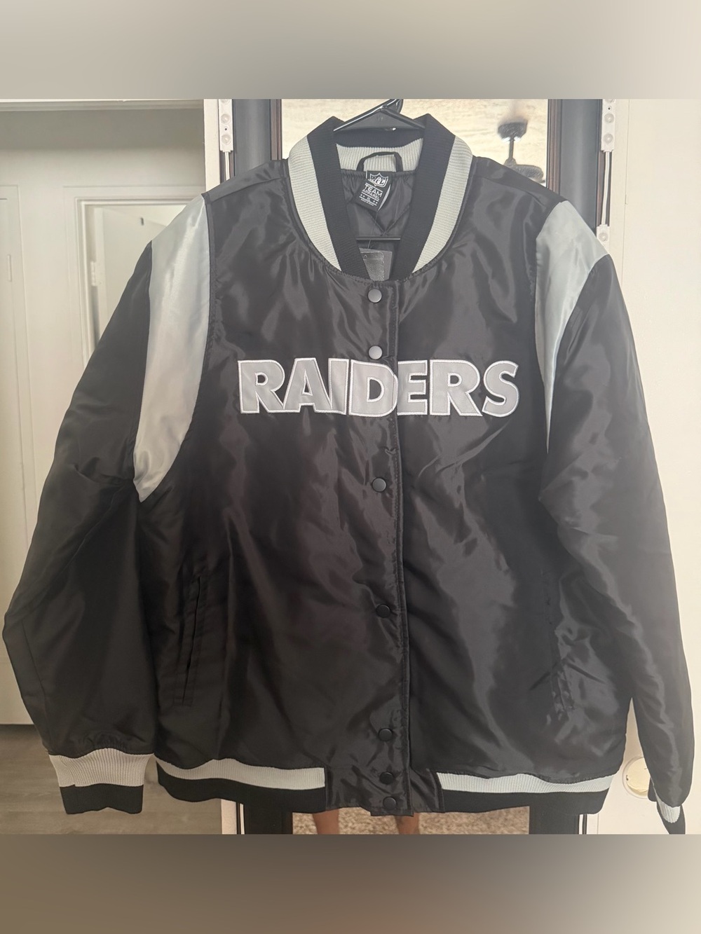 NFL Raiders Black and Silver Satin Varsity Jacket